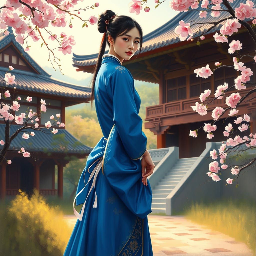 Serene Young Lady in Blue Hanbok amidst Blossom Forest