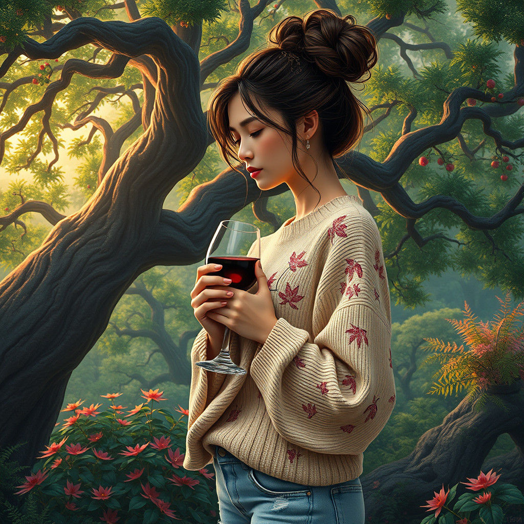 Contemplative Woman with Wine in Ukiyo-e Garden