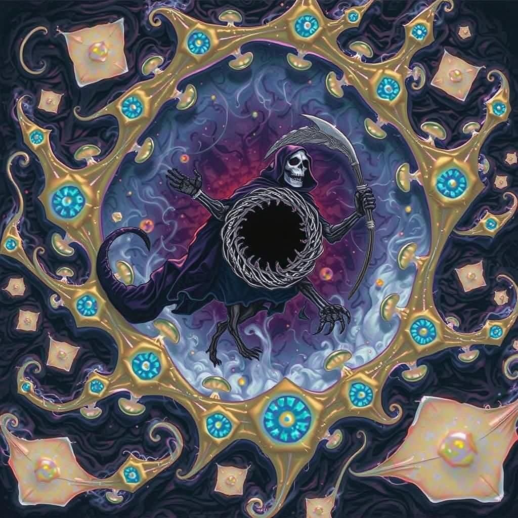 Grim Reaper Rides Smoke Dragon in Giger Style