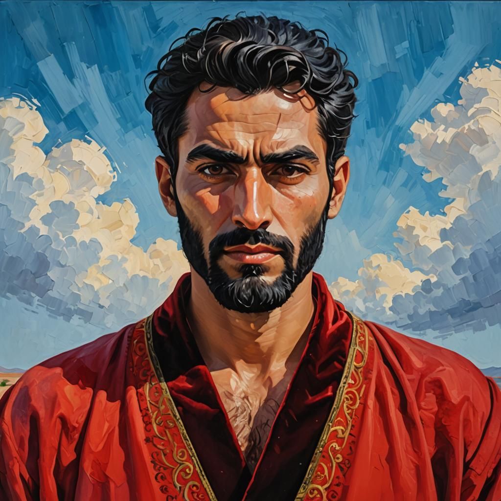 Proud Man in Red Bathrobe, Impasto Oil Painting