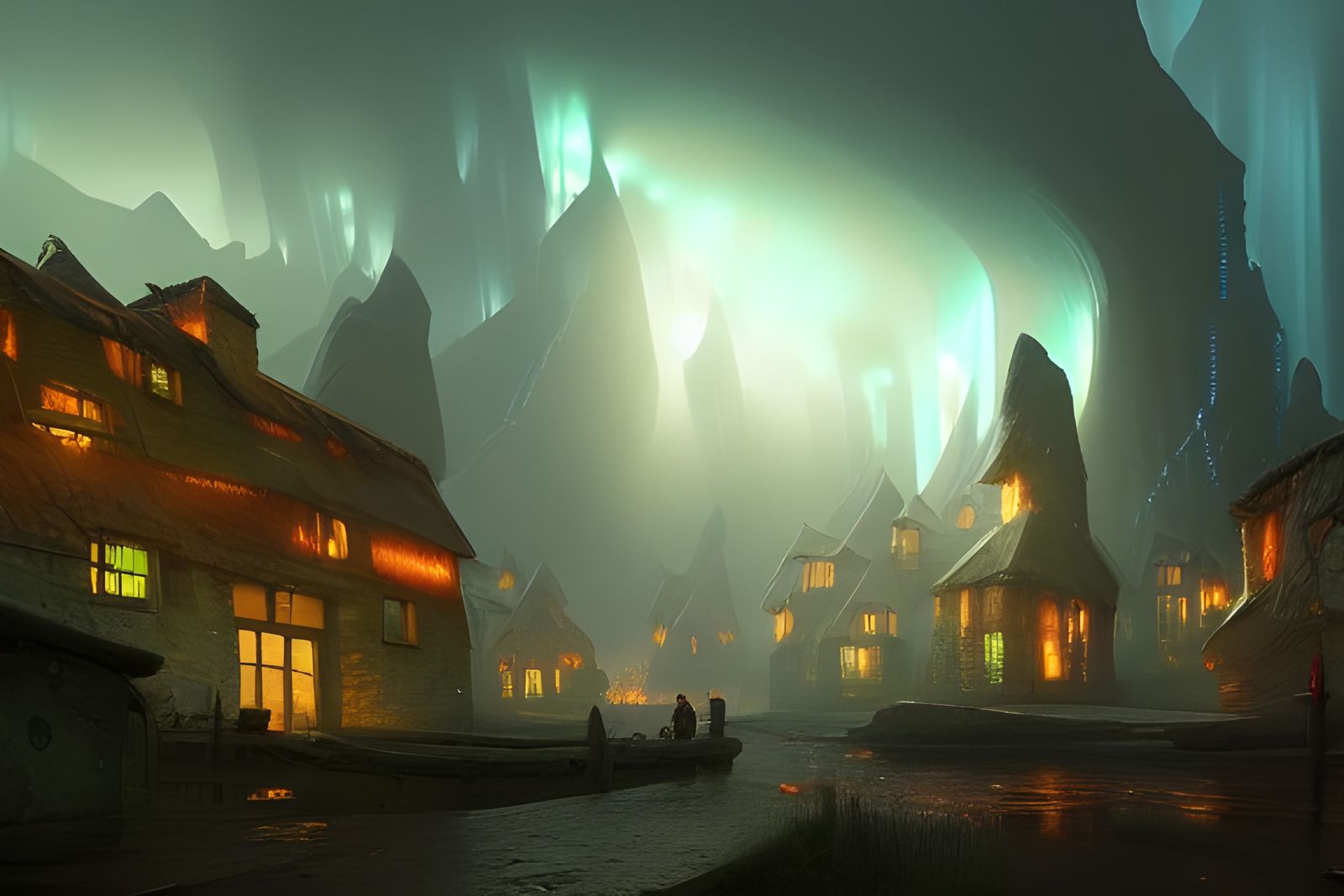 Underground Troll Village with Aurora Lighting
