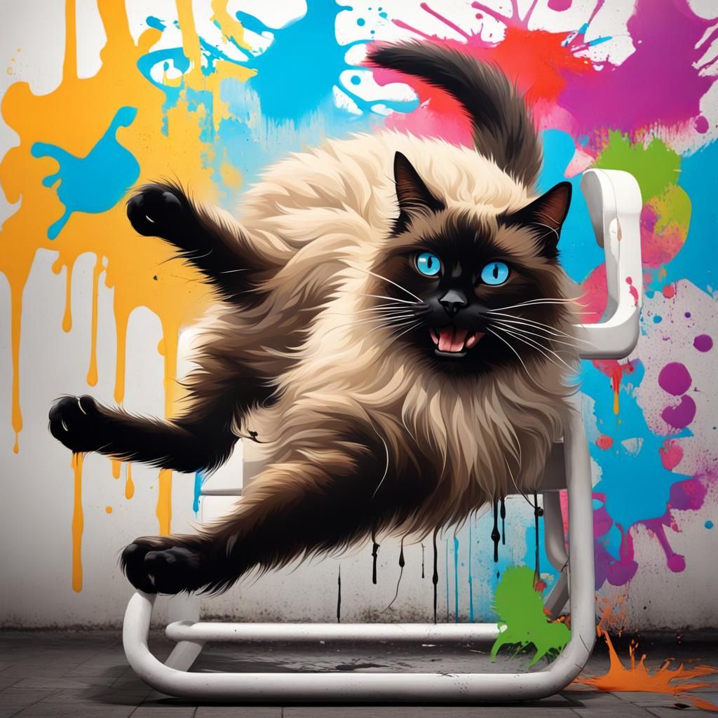 Siamese Cat Mid-Air in Street Art Style
