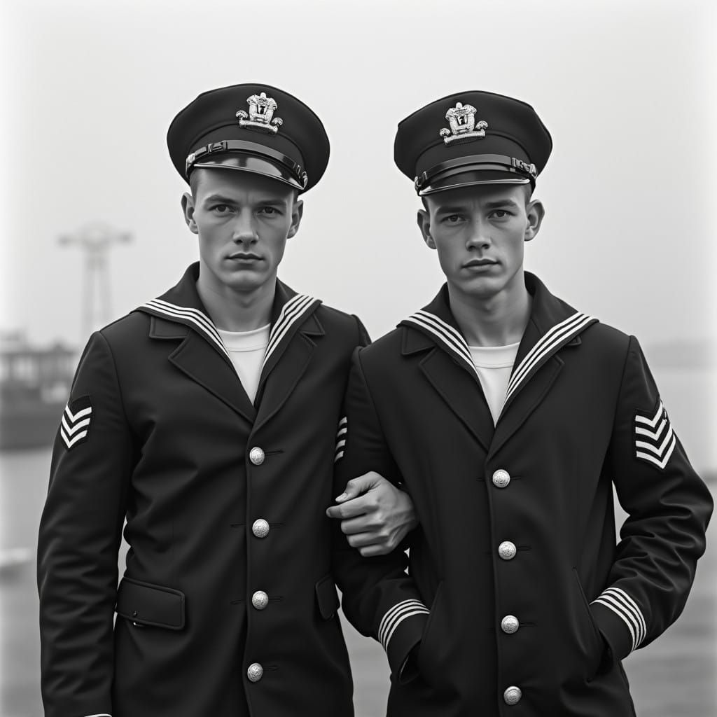 WW2 U.S. Navy Sailors Standing Arm in Arm in High-Key Black...