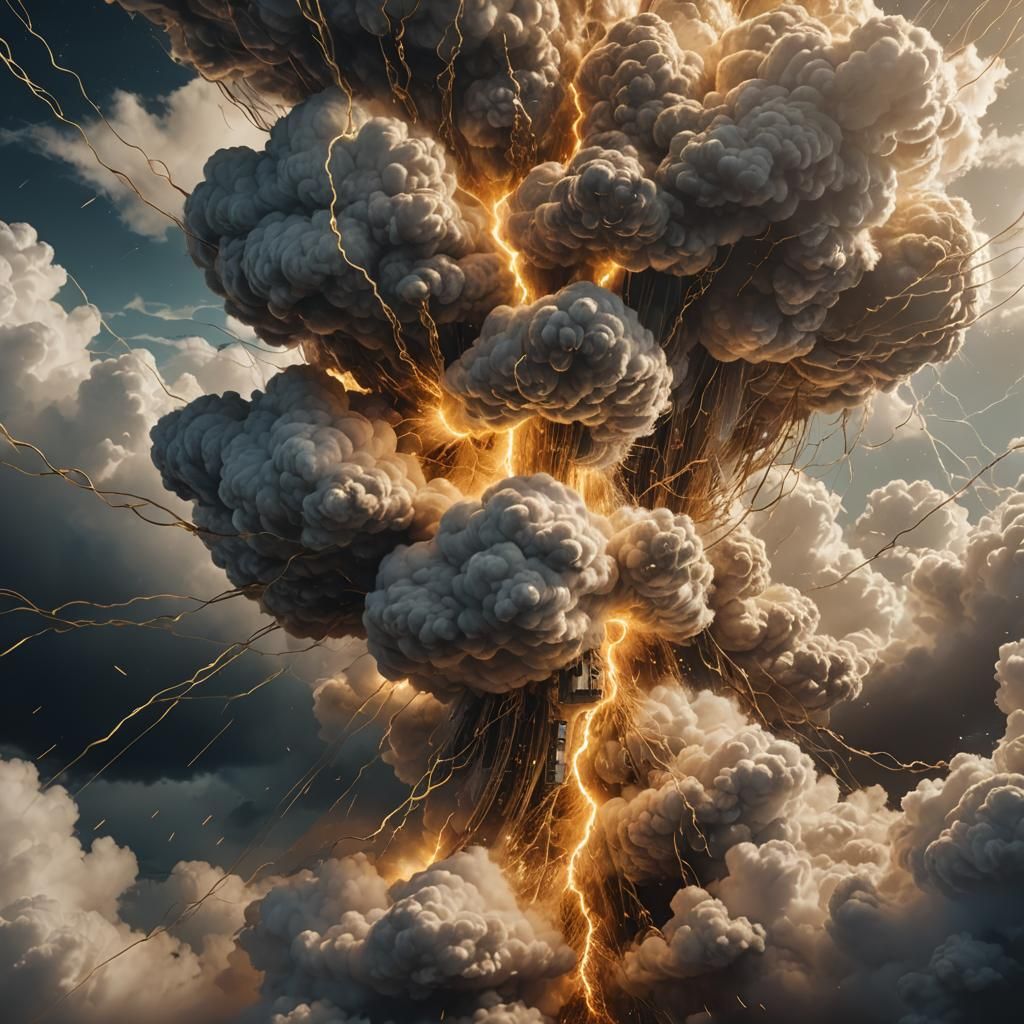 Golden Cable Slices Through Clouds in Digital Painting