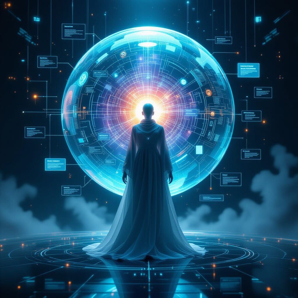 Surreal Cosmic Entity Glowing with Glyphs and Data Core