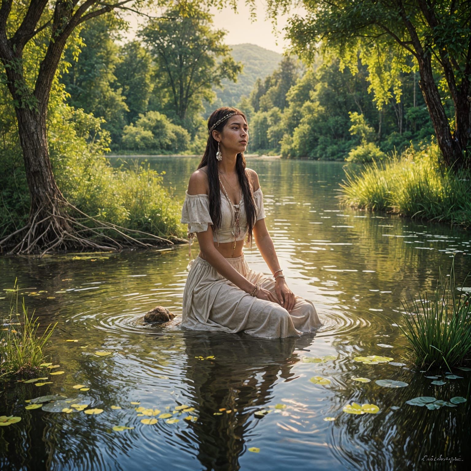 Native American Woman Bathes in Lake
