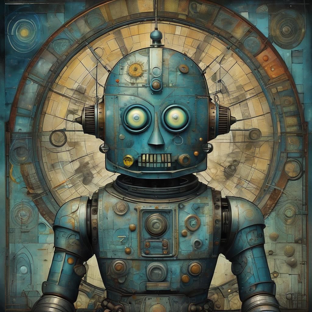 Robot Namaste in Surreal Stained Glass Style