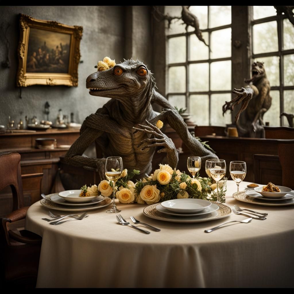 Surreal Restaurant with Bizarre Food and Dreamy Light