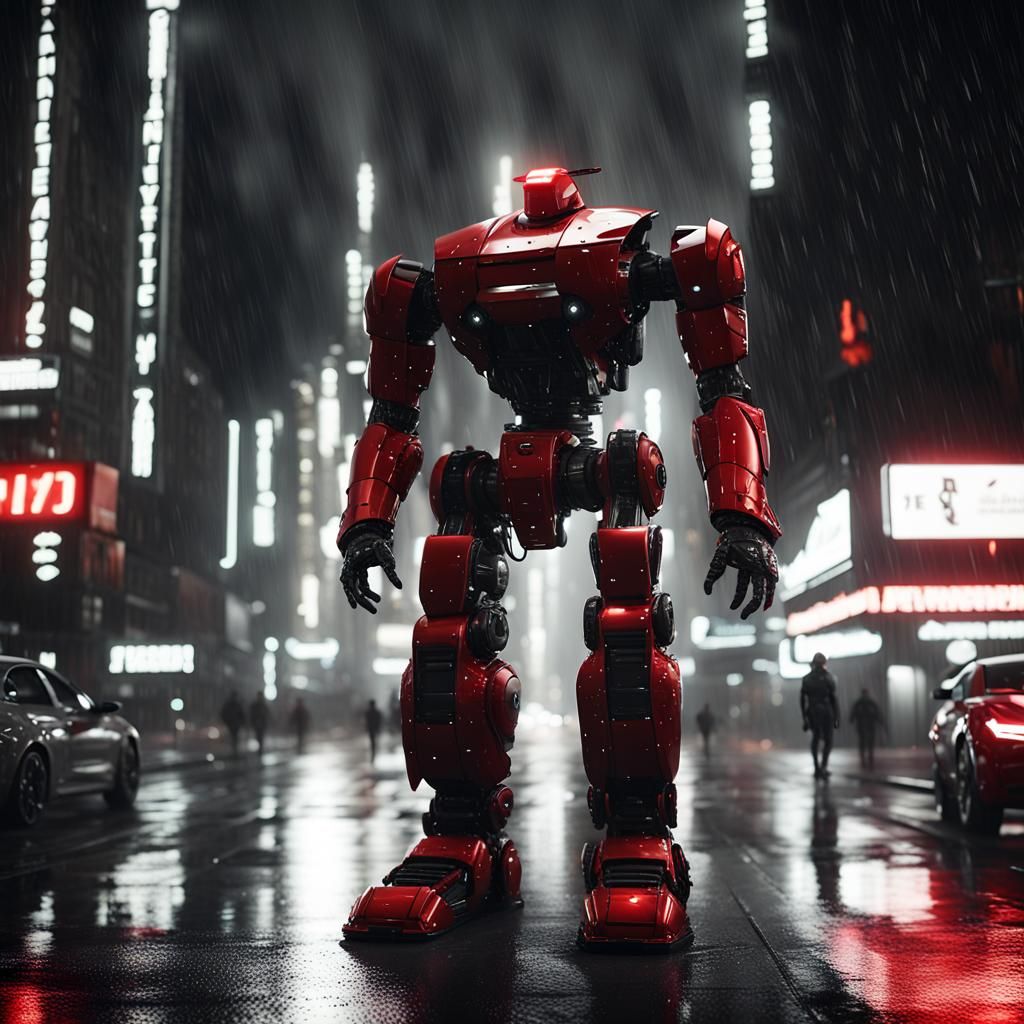 Red Robot in Rainy Futuristic City, Sin City Style