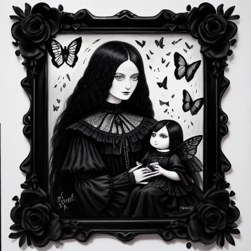 Gothic Mother and Child in Surreal Crayon Drawing