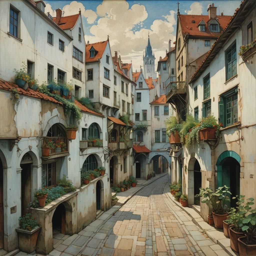 European Street Scene with Art Deco Cityscape