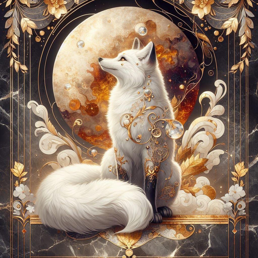 Majestic White Fox with Golden Kintsugi in Art Deco