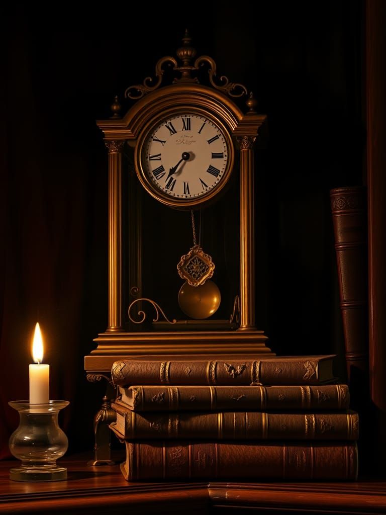Ornate Antique Clock in Dimly Lit Study