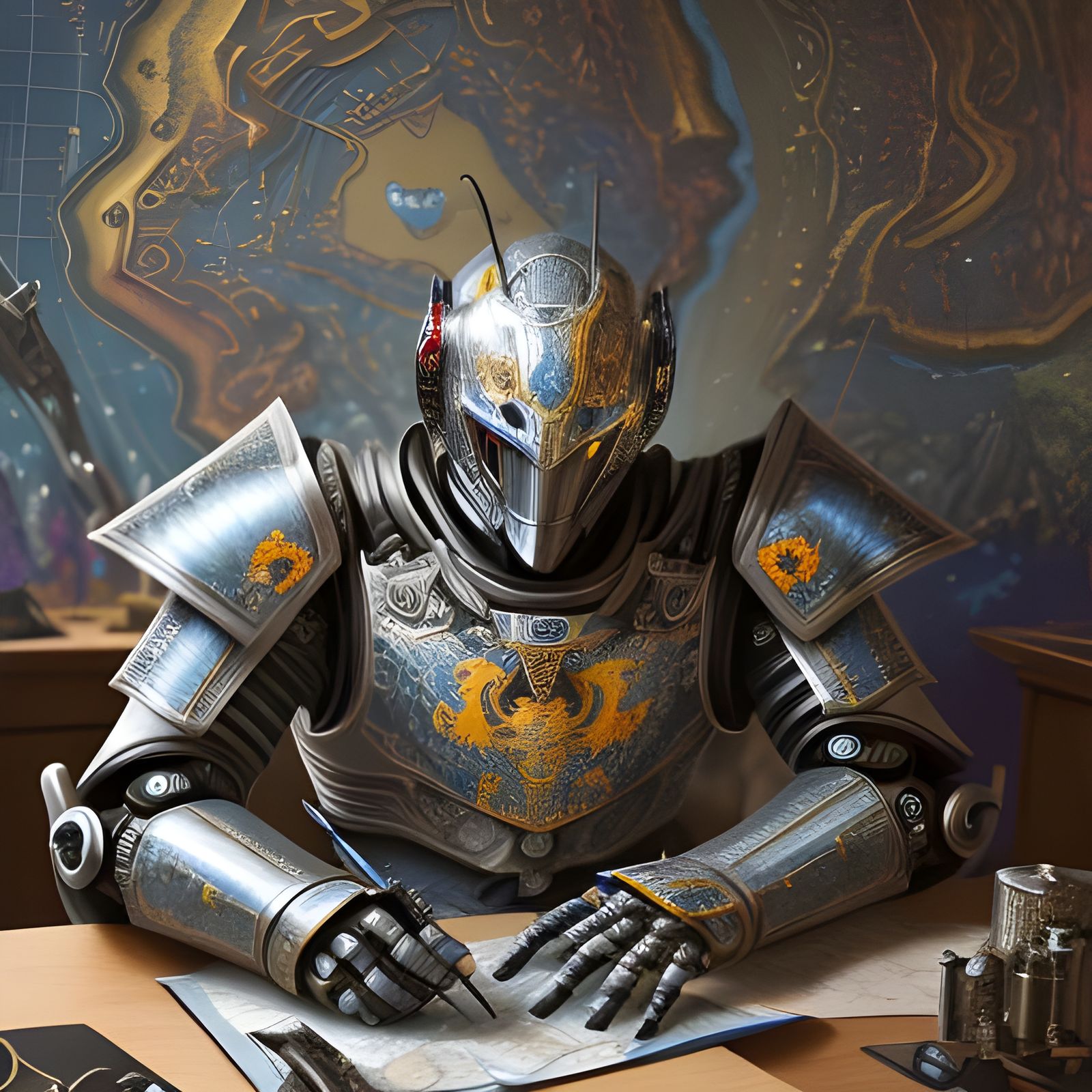 Robot Knight Painting Fantasy Maps in Hyperdetailed Style