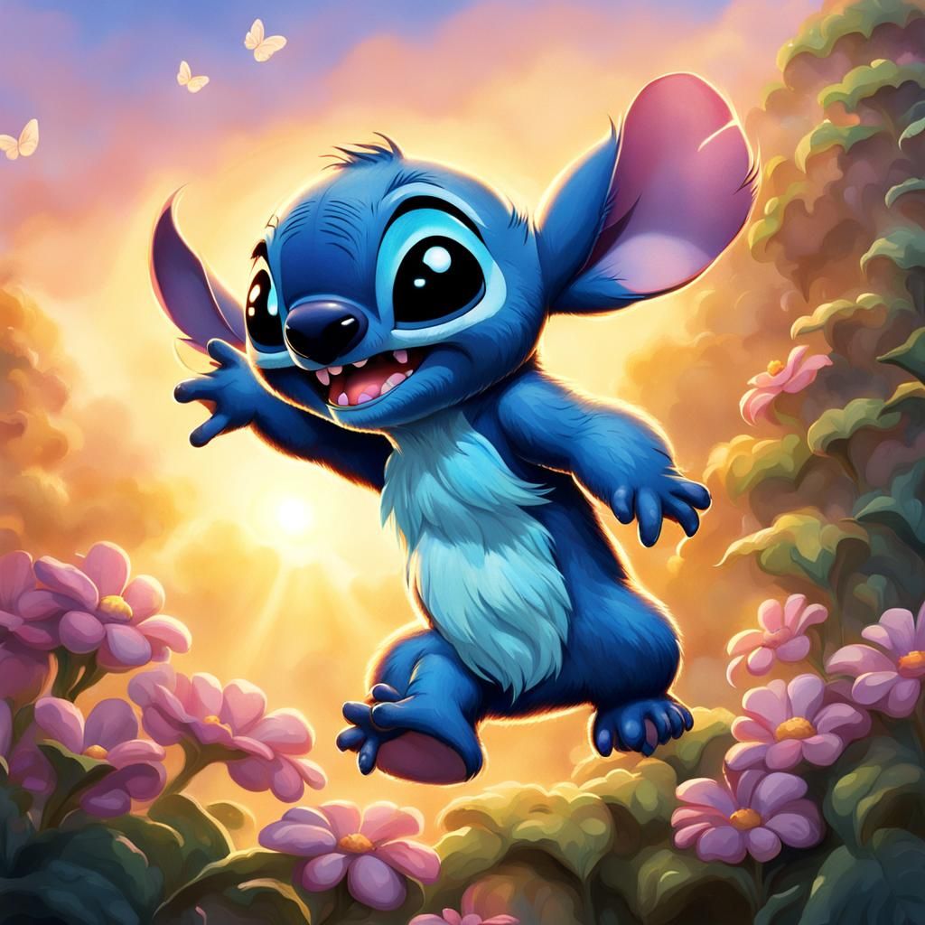 Stitch Reaches for Butterfly in Sunset: Realistic Cartoon