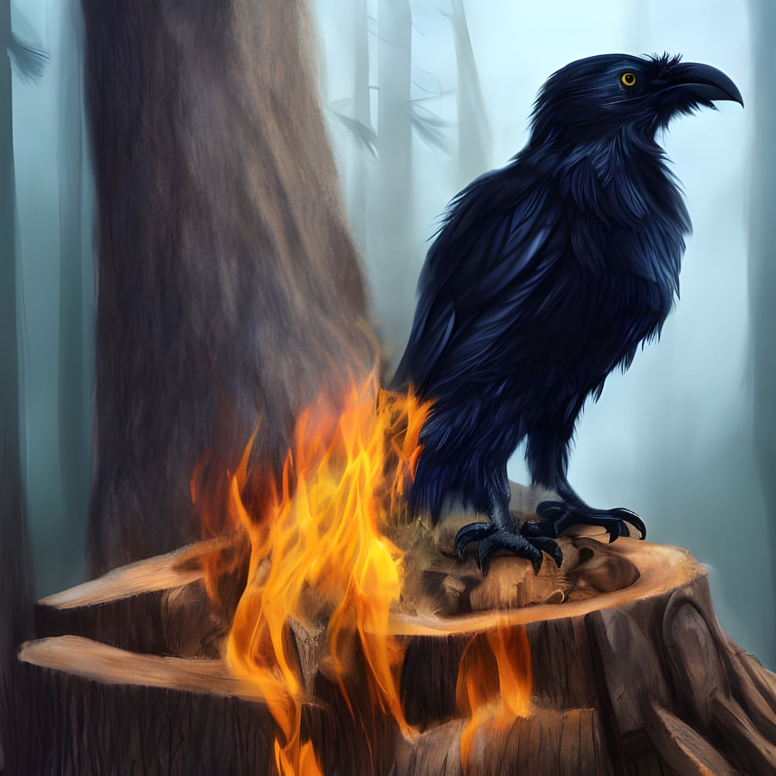 Raven King in Burning Forest, Fantasy Art