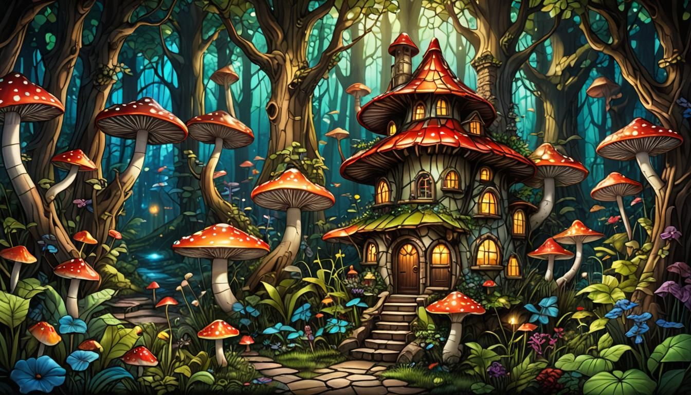 Stained Glass Fairy House in Bioluminescent Forest