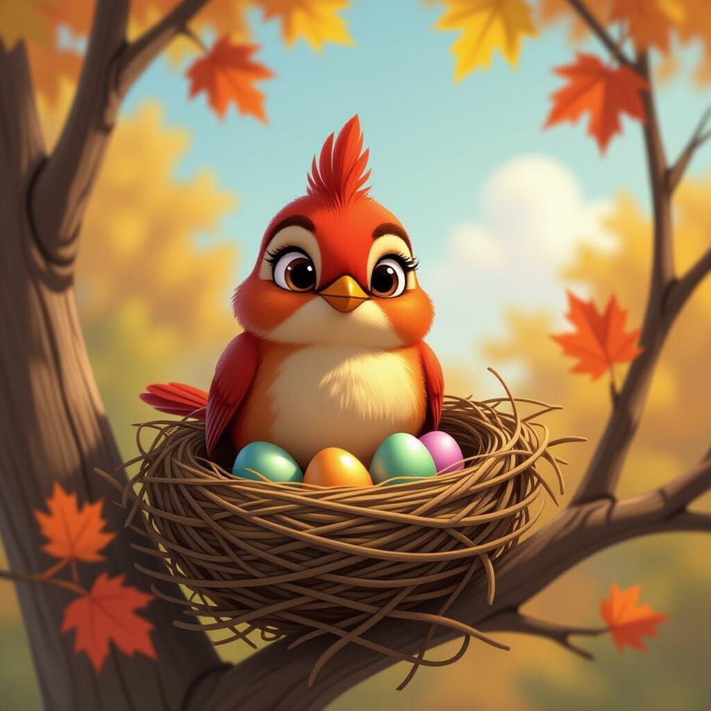 Robin with Eggs: Whimsical Cartoon Realism