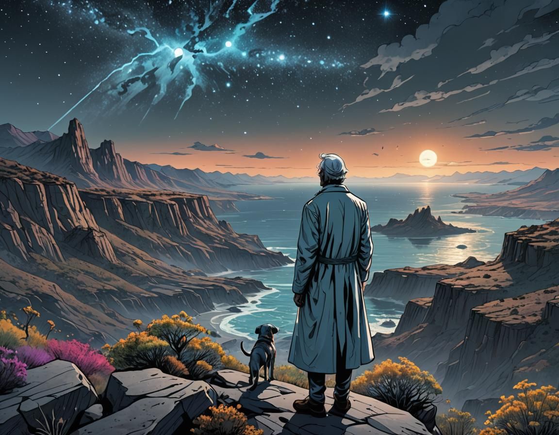 Hero Gazes at Alien Ocean in Comic Book Art