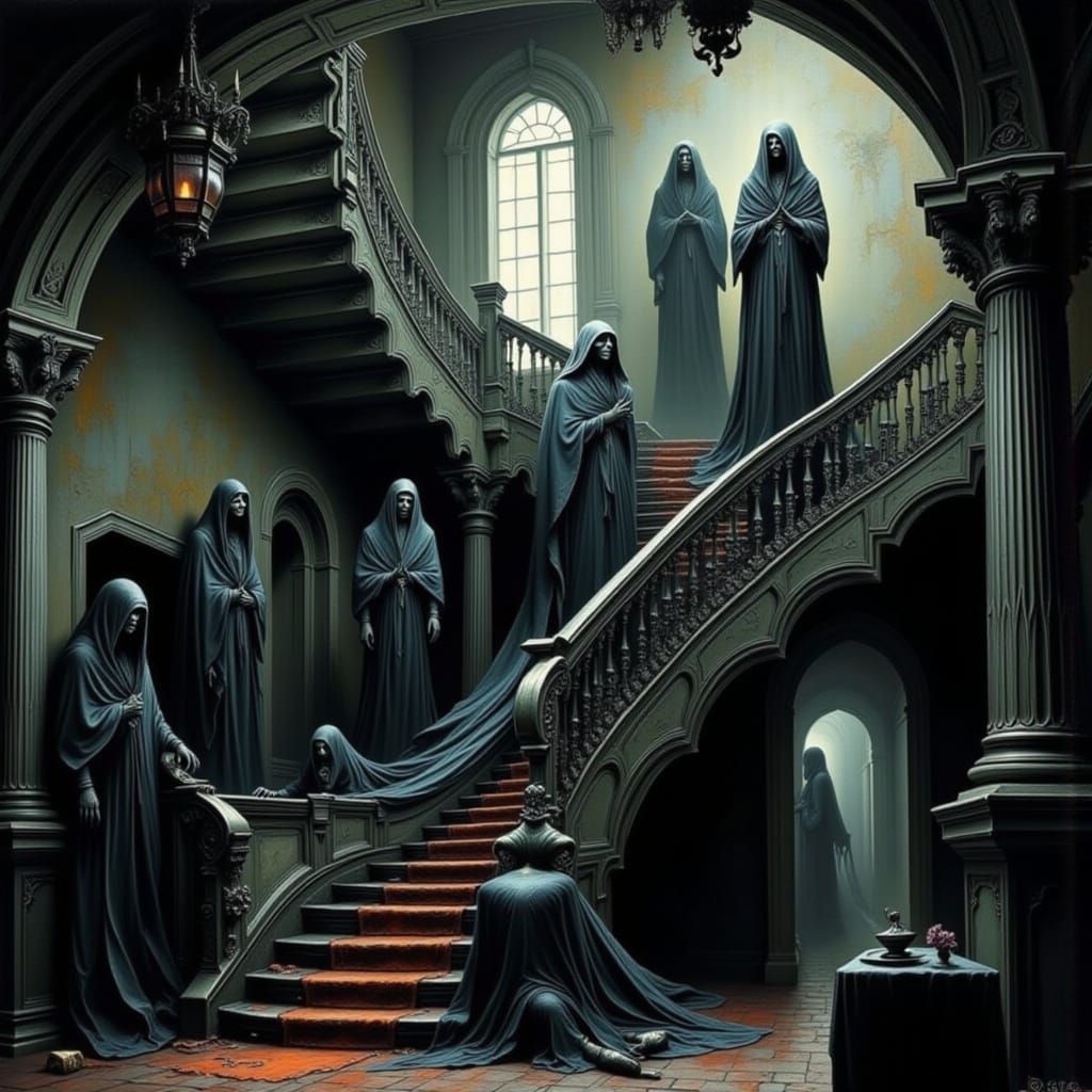 Gothic Mansion Interior with Spectral Figures on Staircase