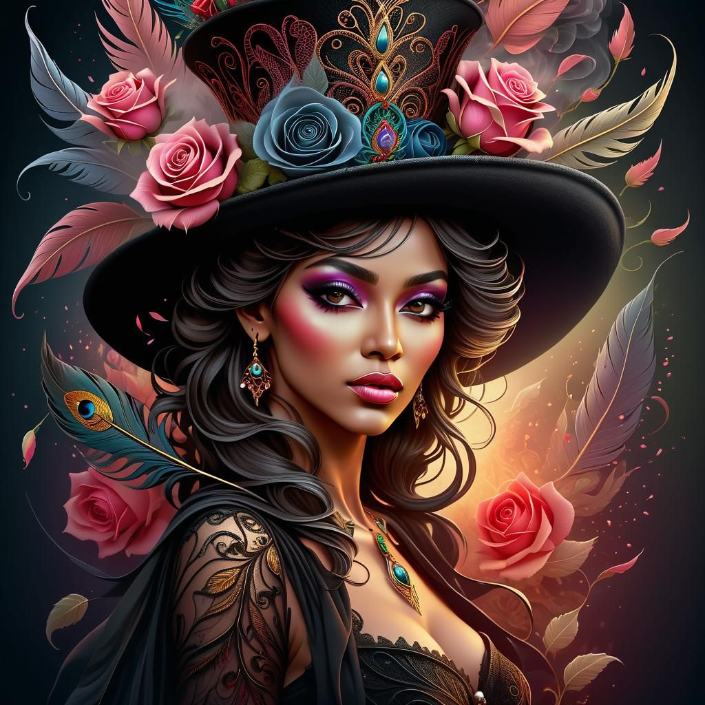 Fairy with Feather and Roses Hat in Gothic Style