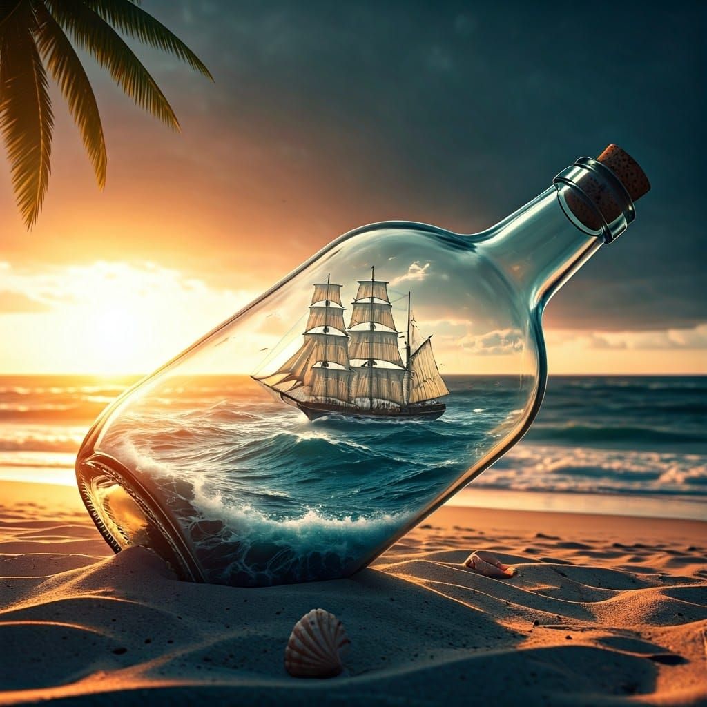 Ship in a Bottle on Tropical Beach