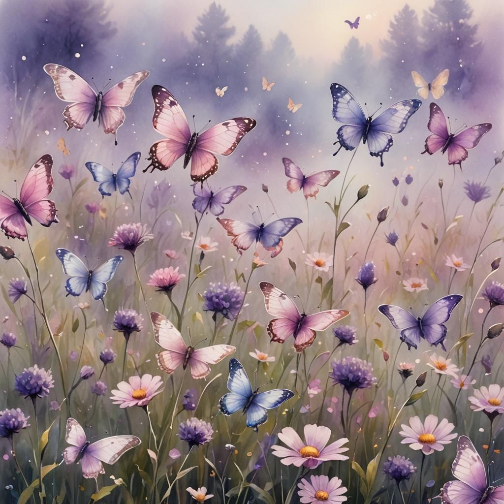 Magical Butterflies Flying in Formation as Watercolor