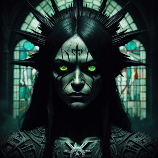 Demonic Woman in Ruined Cathedral: Dark Fantasy Art