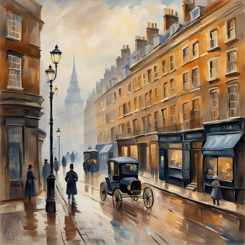 Misty London Street in Gouache Style