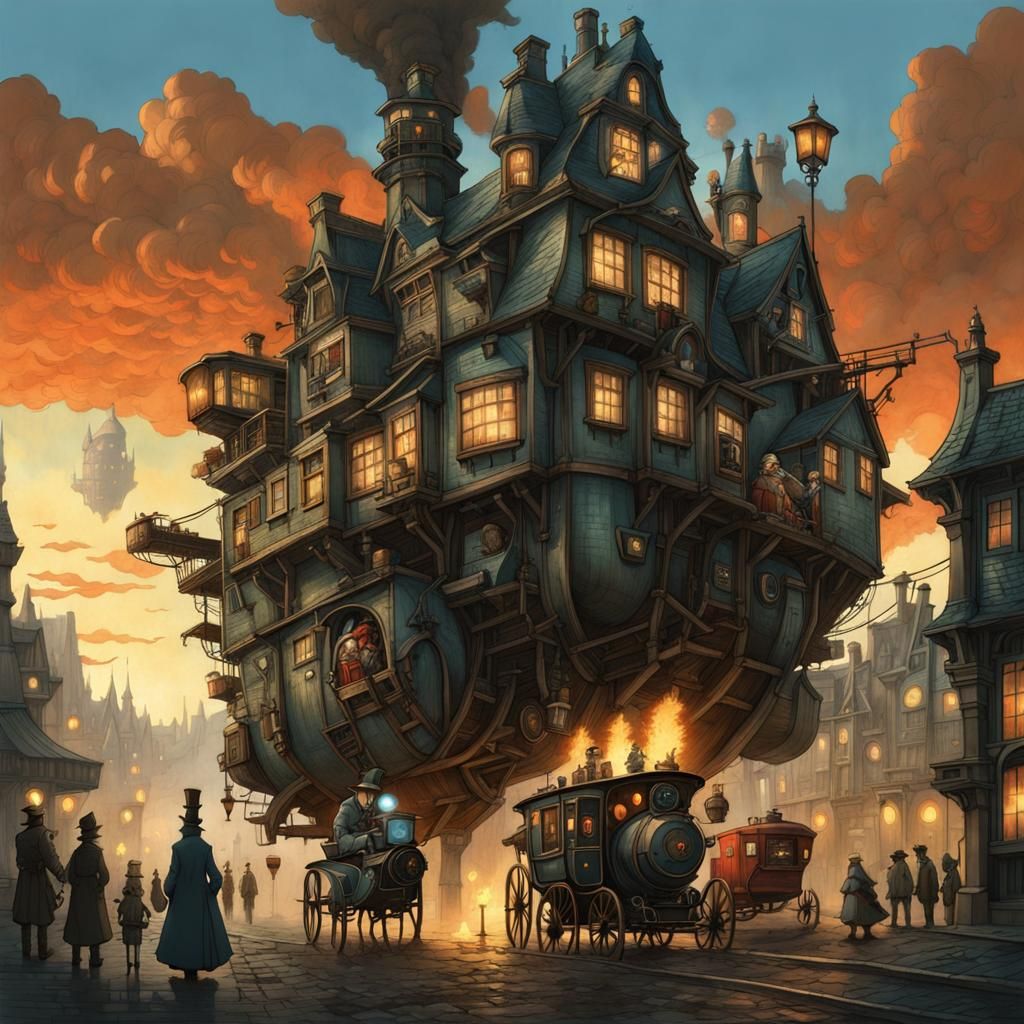 Surreal Steampunk Moving City: Digital Illustration