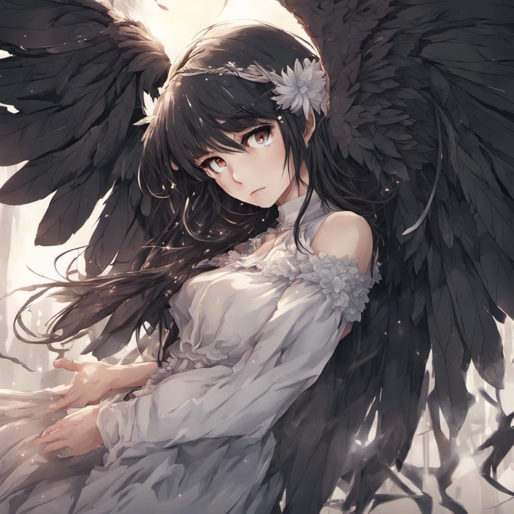 Fallen Angel Anime Art: Black-Haired Woman