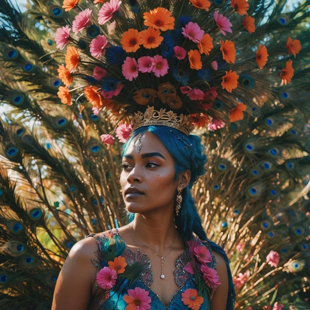 Woman with Blue Hair and Peacock Feathers