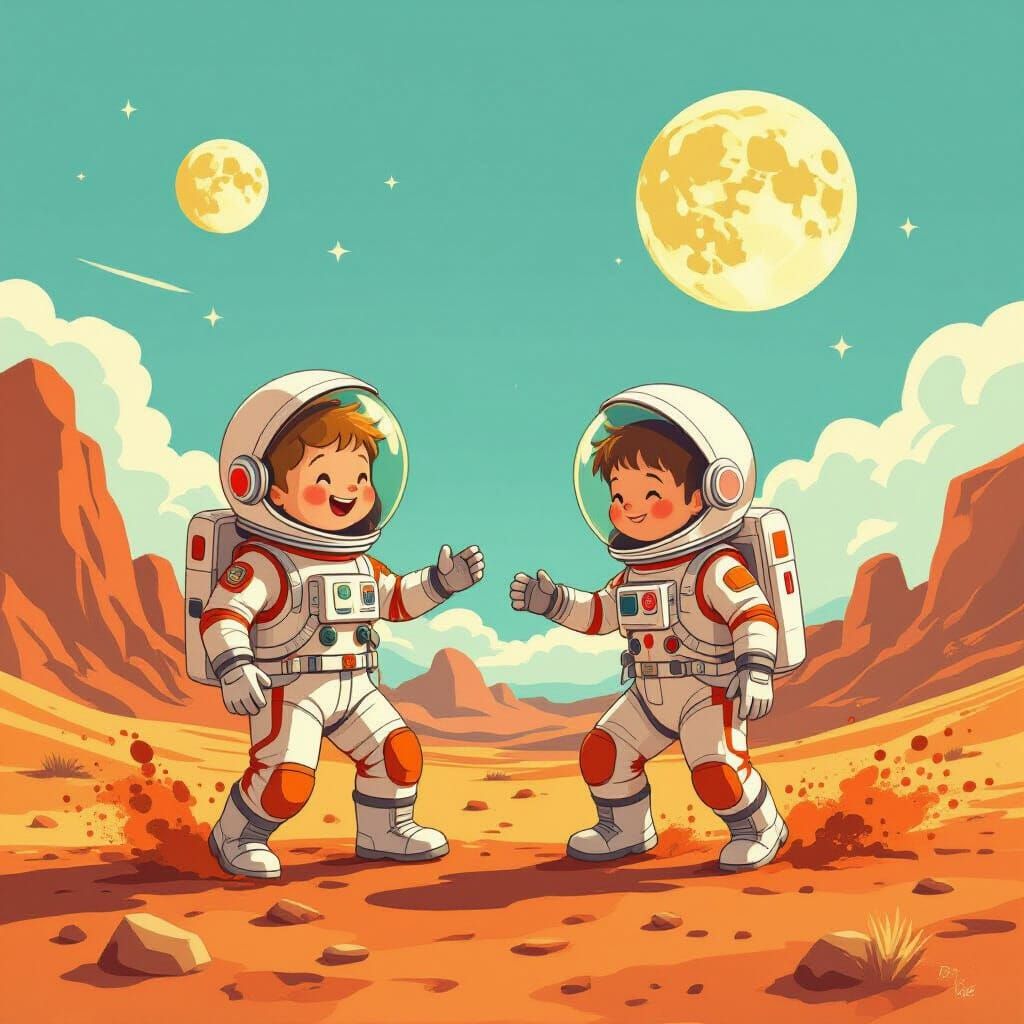 Children Play on Mars in Whimsical Storybook Style