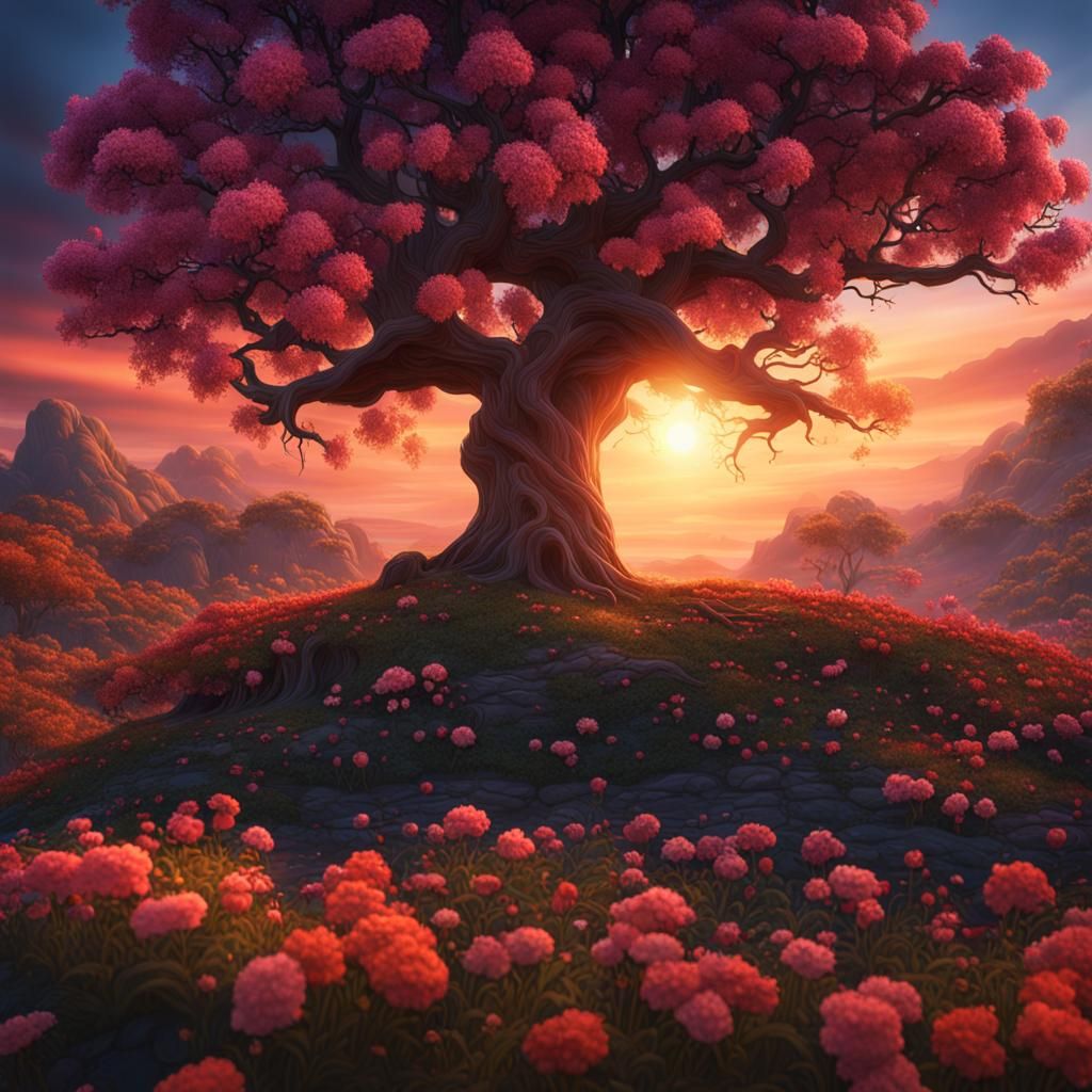 Sunset Silhouette: A Fantastical Tree in Bloom