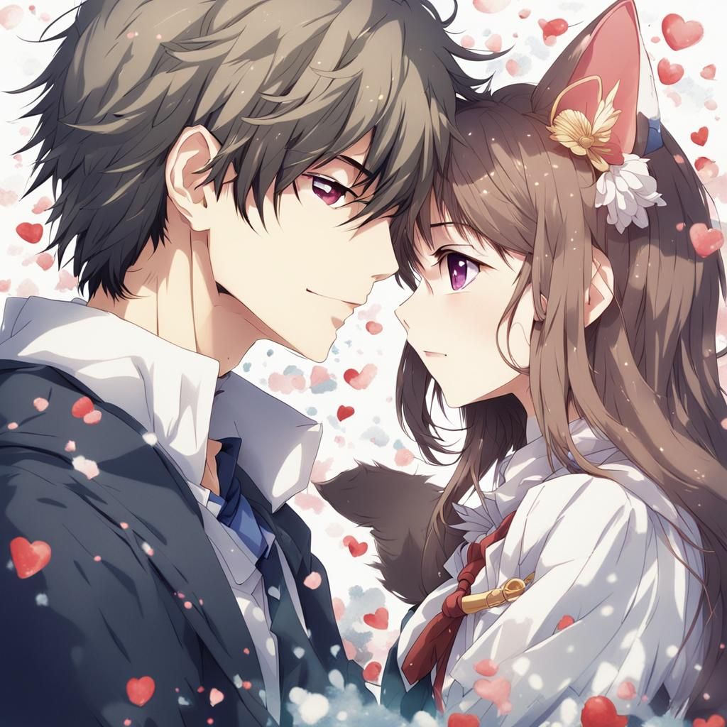 Anime-Style Neko Couple Kissing