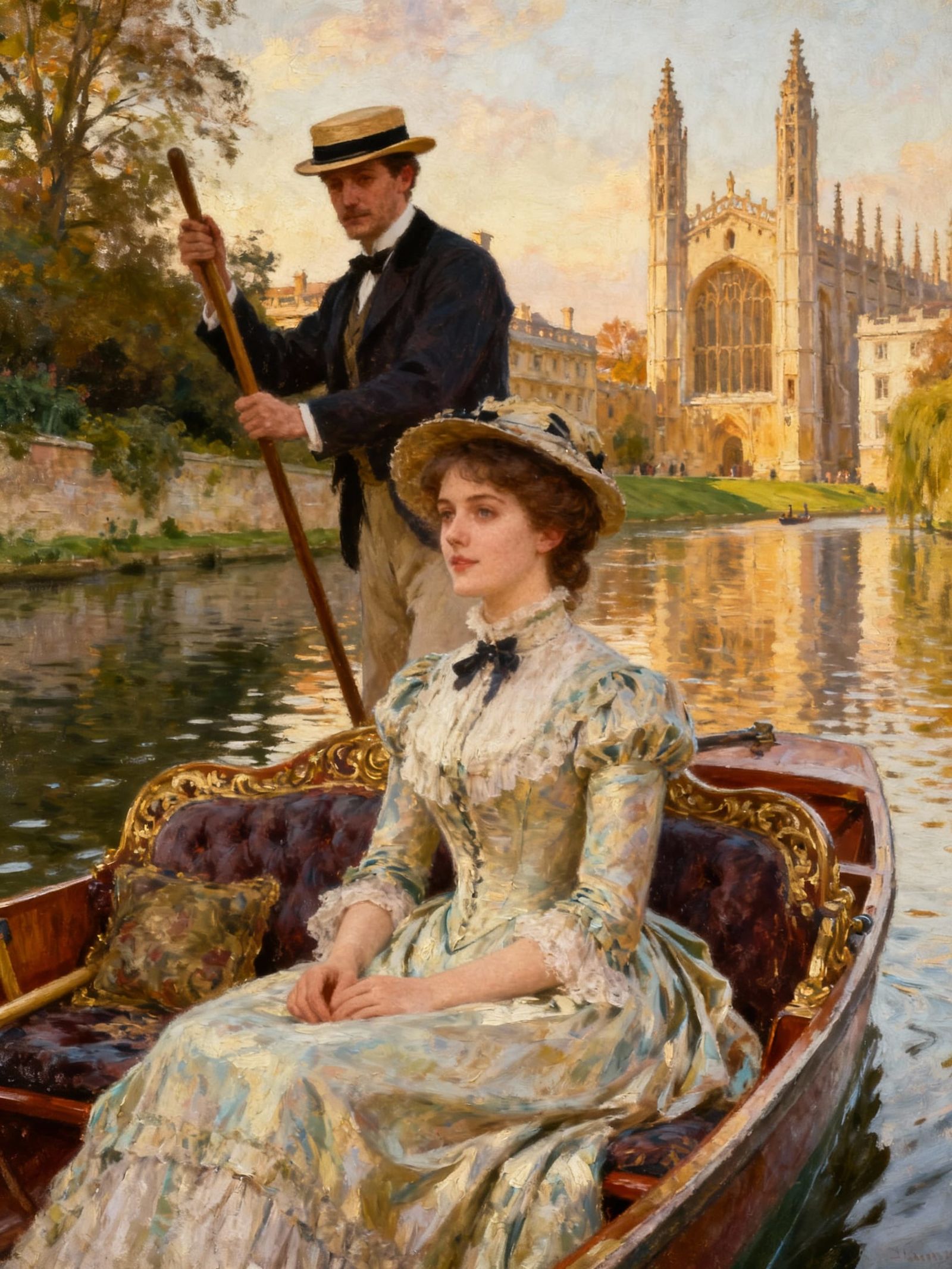Victorian Couple Punting on Cambridge Canal in Oil Painting ...