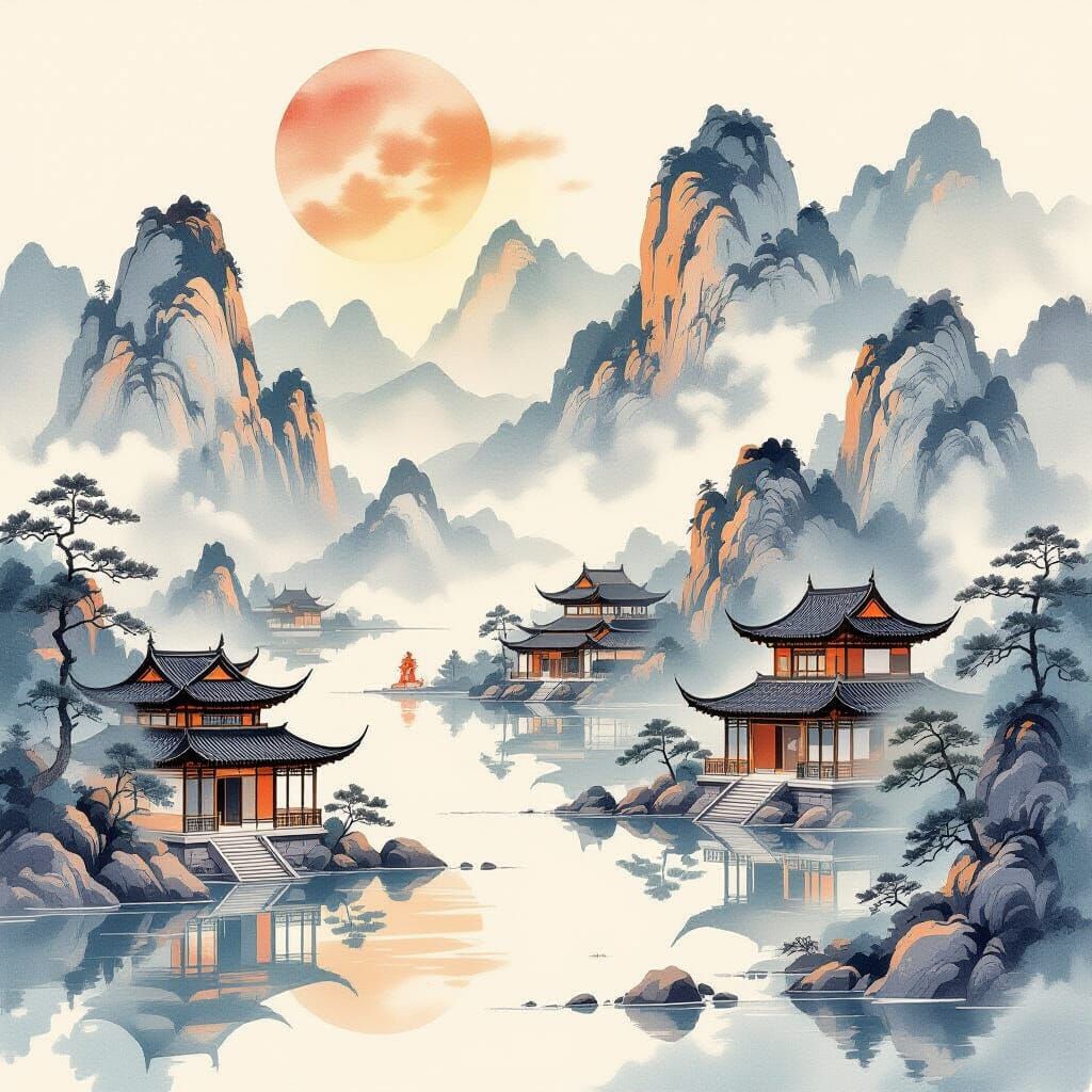 Chinese Landscape with Holographic Projections, Watercolor S...