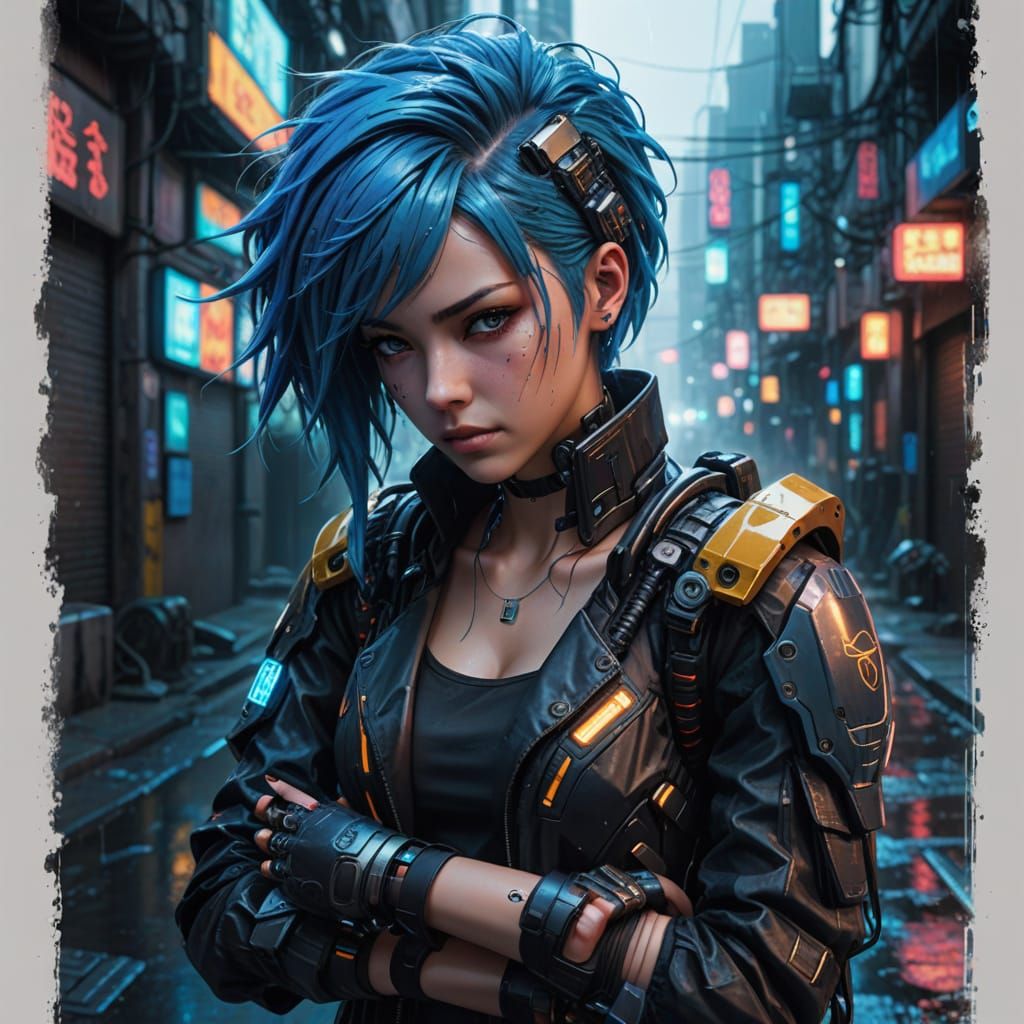 Cyberpunk Goddess with Radiant Blue Hair