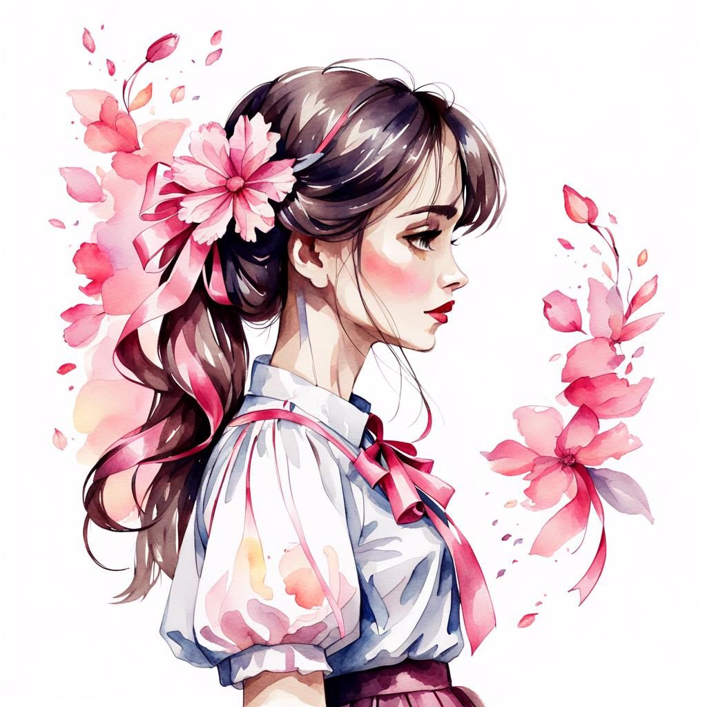 Watercolor Sketch of Girl with Flower Petal Skirt