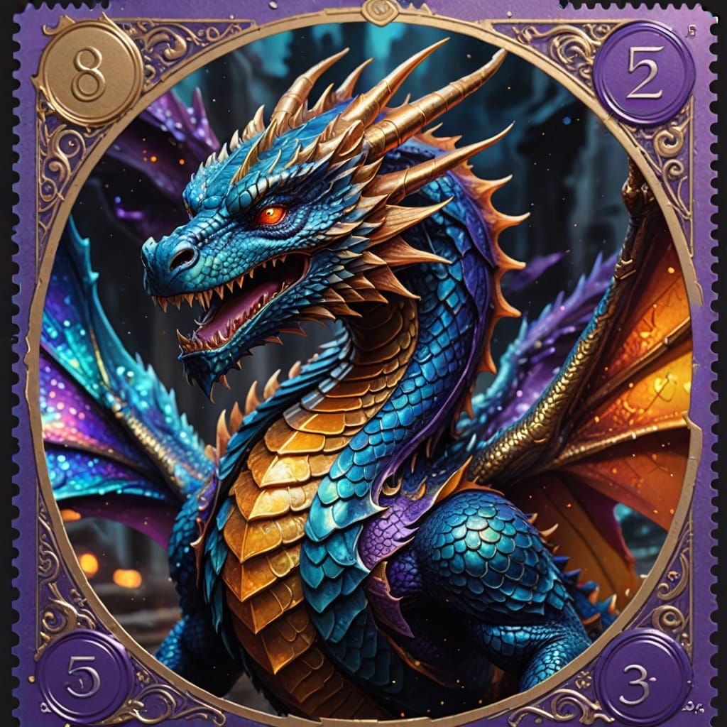 Majestic Dragon on Iridescent Postal Stamp