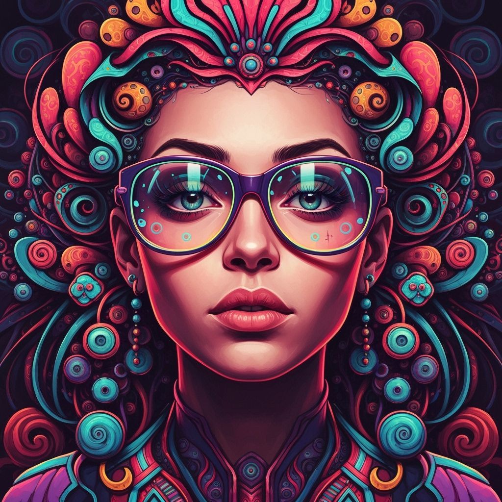 Vibrant Portrait with Colorful Glasses and Swirling Patterns