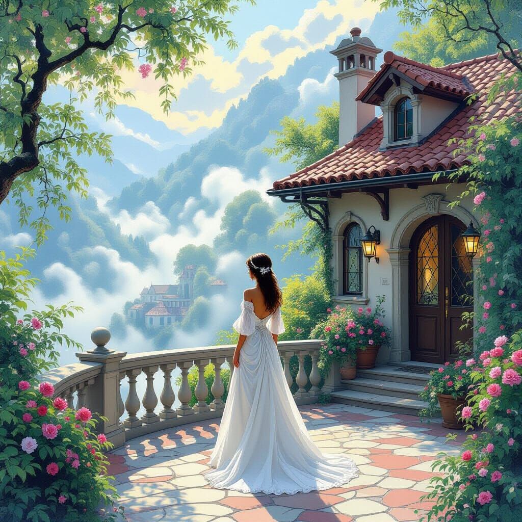 Ethereal Woman on Terrace in Gouache Watercolor Style