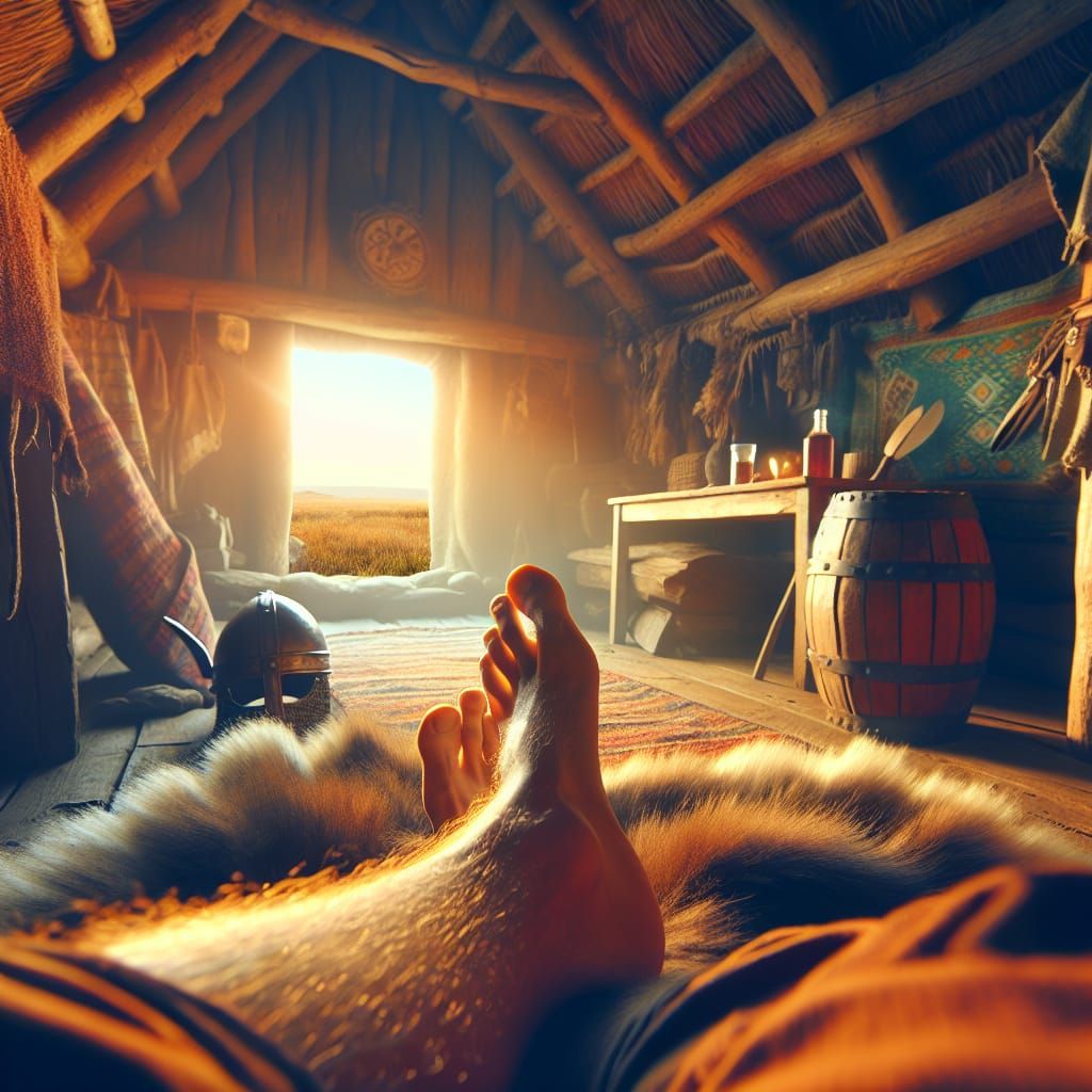 Viking Warrior Rises from Straw Bed, Embracing Morning in a ...