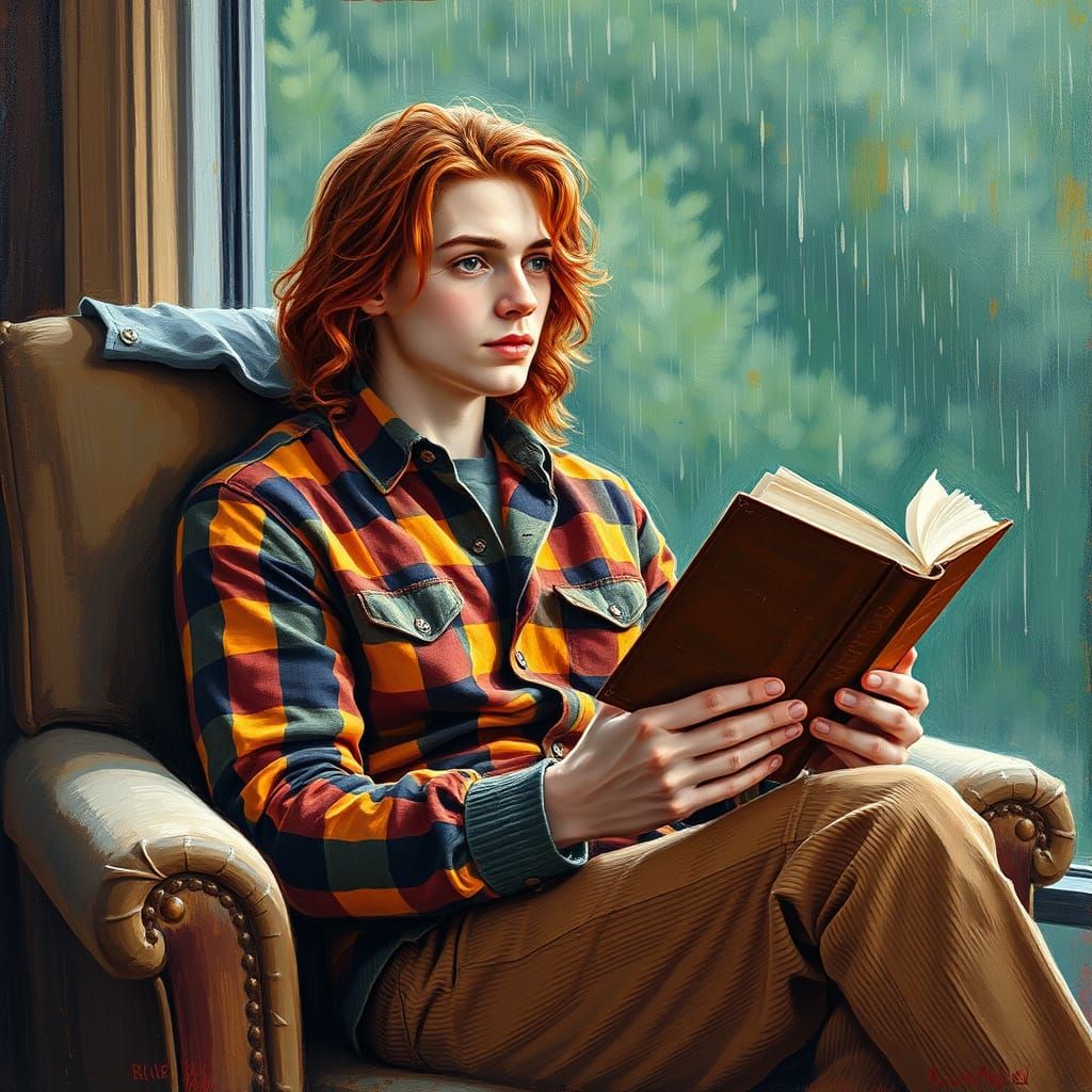 Young Man Reading by Rainy Window in Neo-Impressionist Style