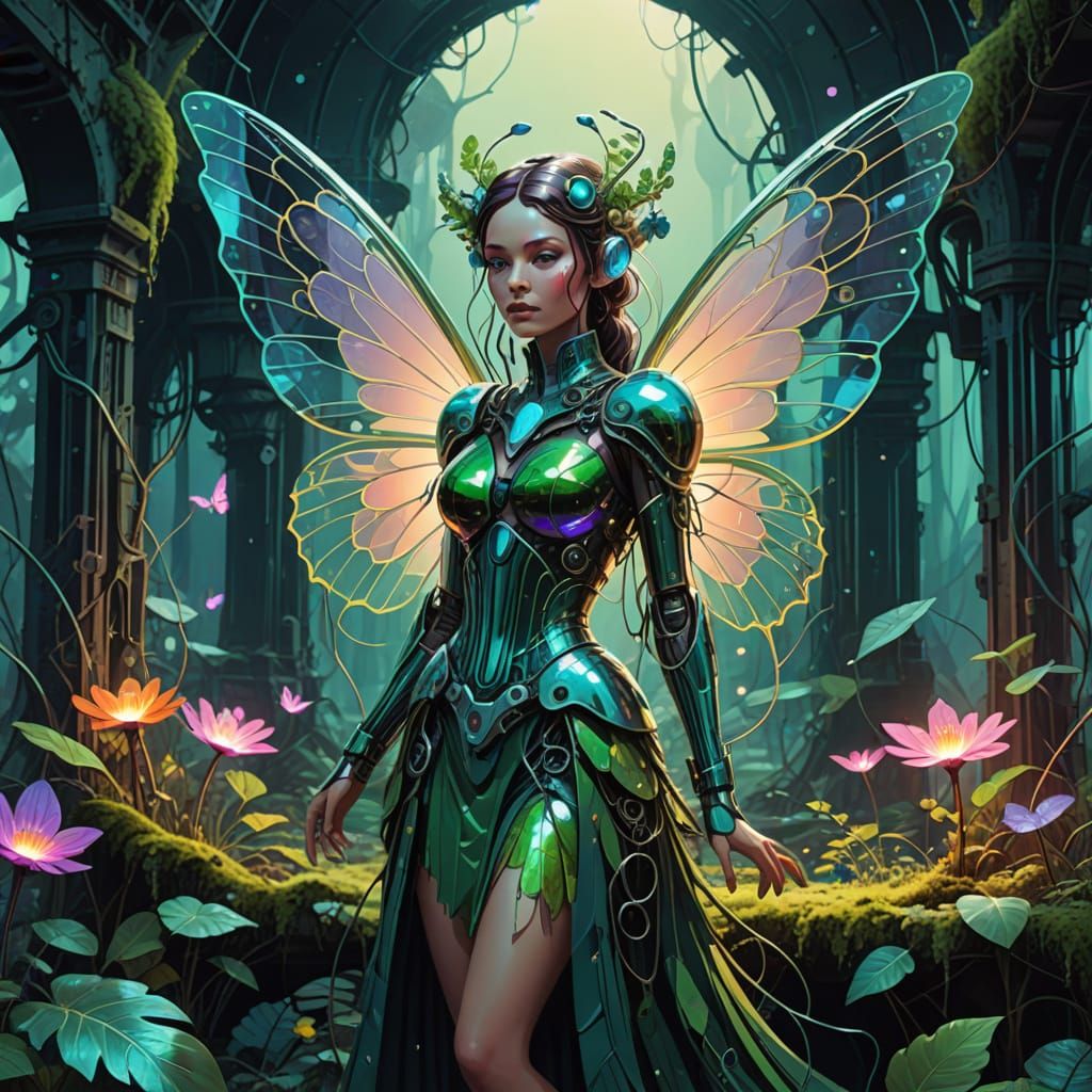 Whimsical Fairy in Chrome Explores Retro-Futuristic Ruins