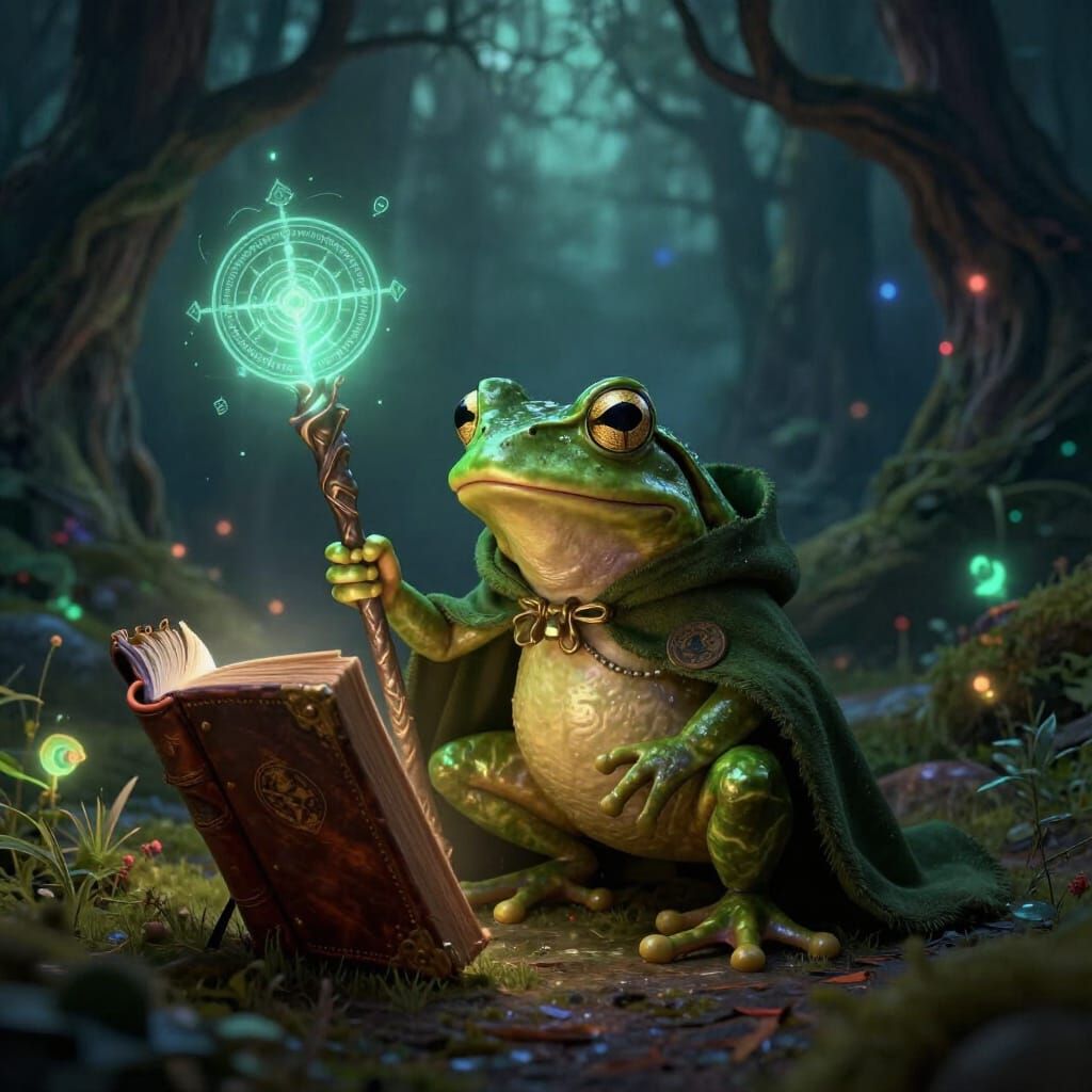 Wizard Frog with Glowing Staff in Enchanted Forest