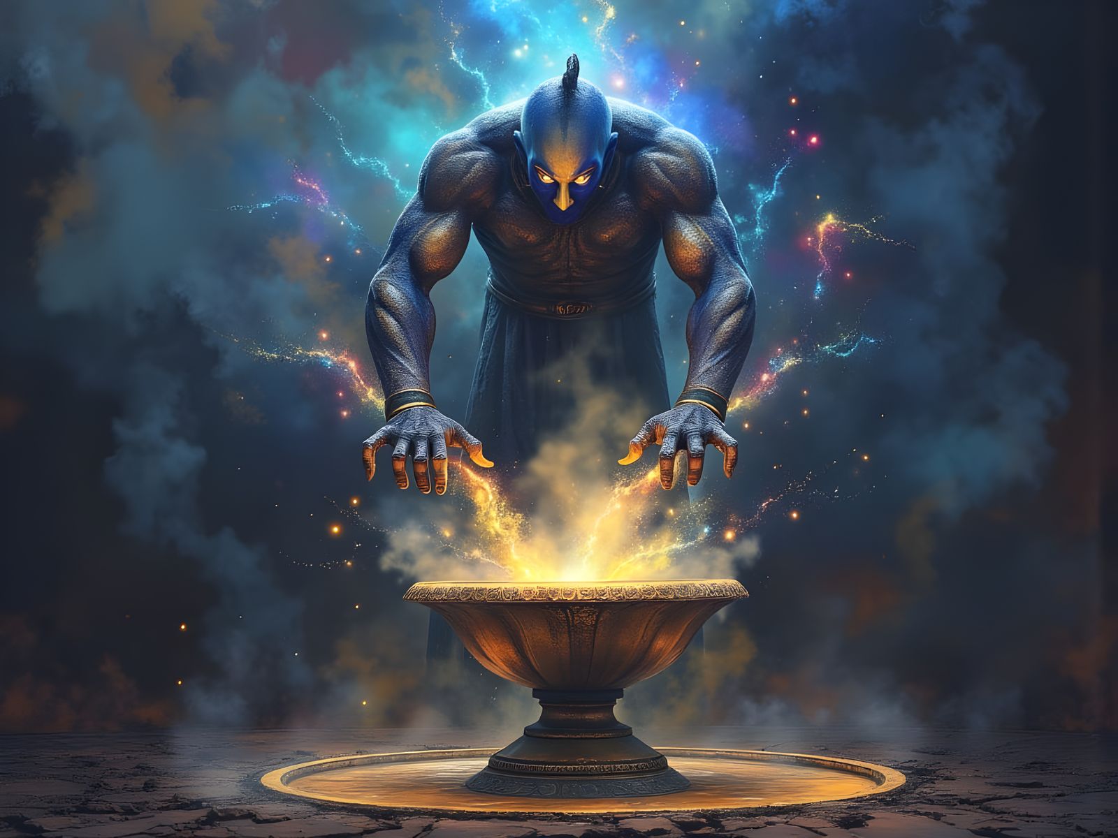 Mystical Genie Unveils Enchanted Realm in Dark Oil Painting ...