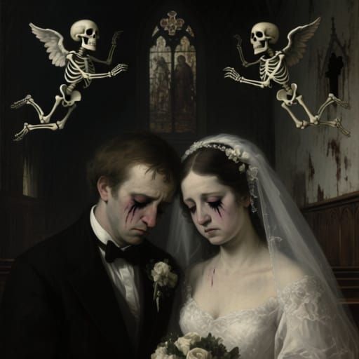 Morbid Wedding Portrait with Skeletal Cupids