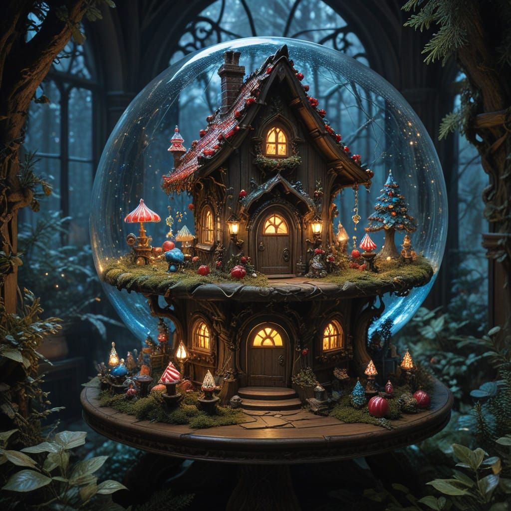 Surreal Candy Cottage in Enchanted Forest, Glass Sphere, Bar...