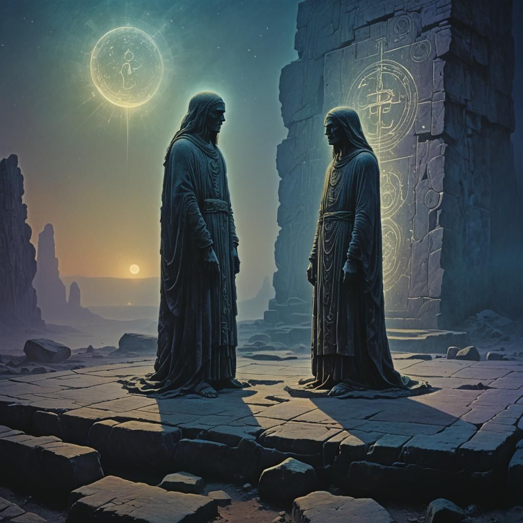 Ethereal Figures in Mystical Landscape as Cinematic Still